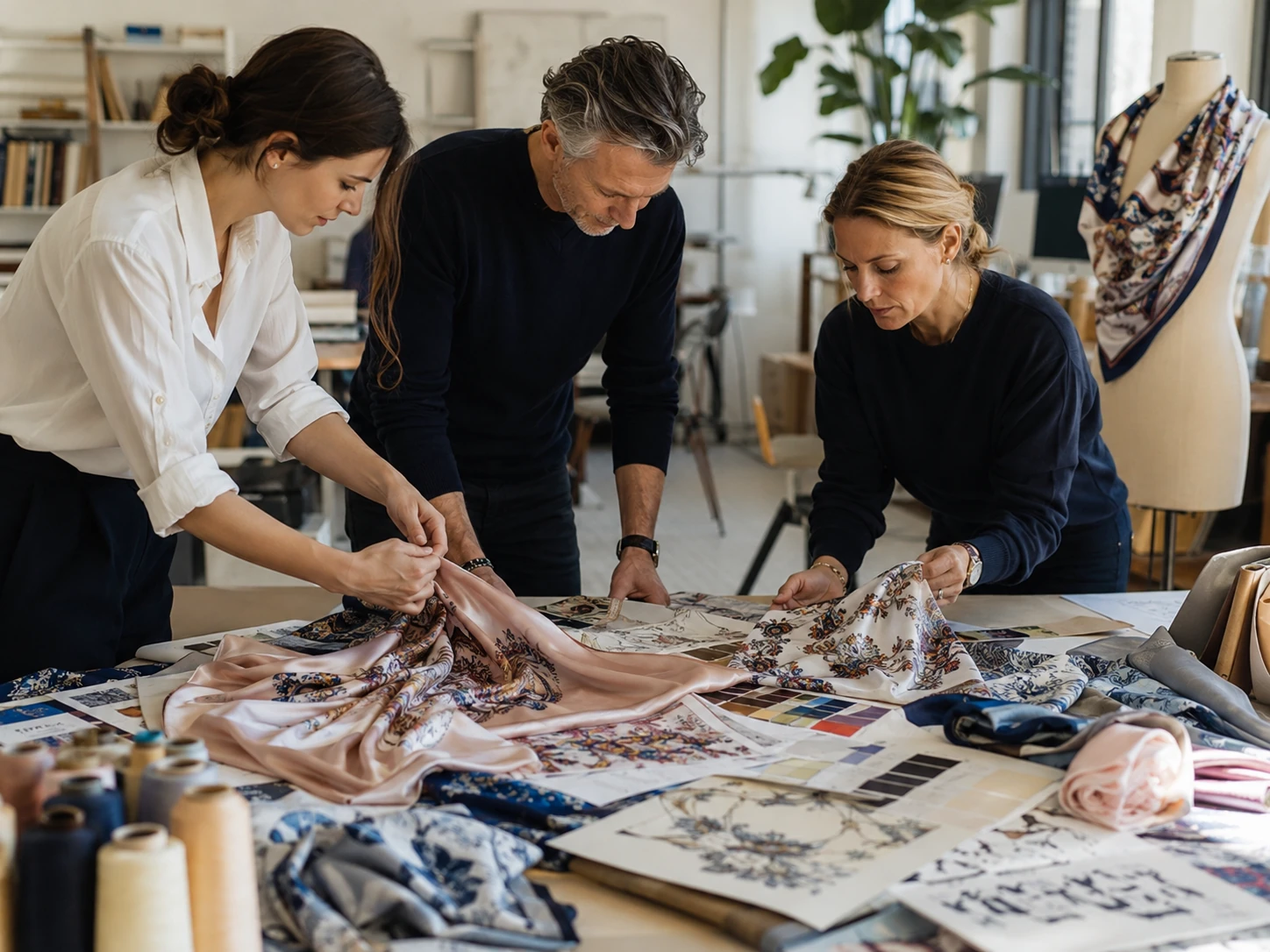 Design atelier in Como with printed silk foulards and development worktable