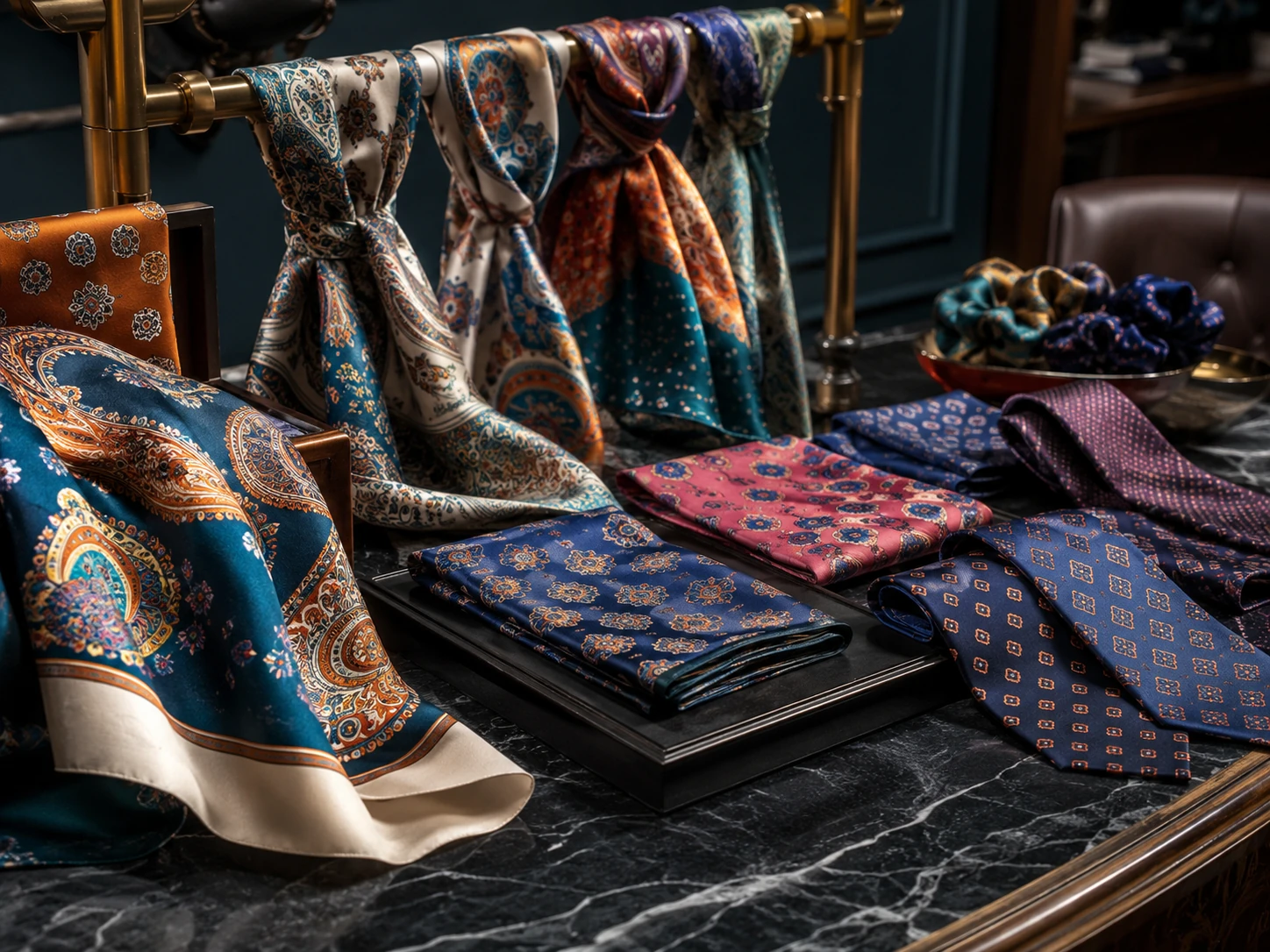 Luxury Italian silk accessories including scarves ties pocket squares and bow ties